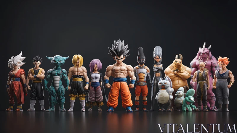 Lineup of stylized anime character figurines under studio keylight