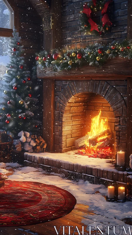 Snow-dusted hearthside Christmas glow in a storybook cabin.