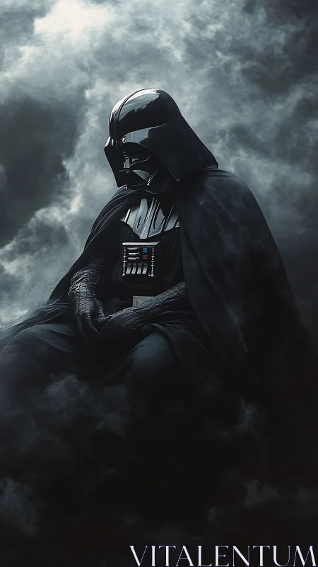 Dark armored figure seated in swirling gray smoke atmosphere.