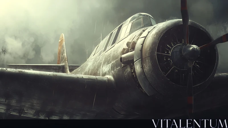 Storm-soaked warbird idling in a brooding metal downpour.