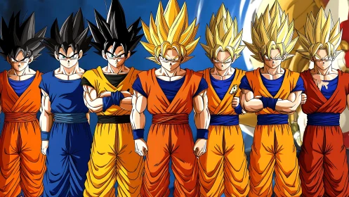 Evolution of spiky-haired warriors in bold cel-shaded lineup.