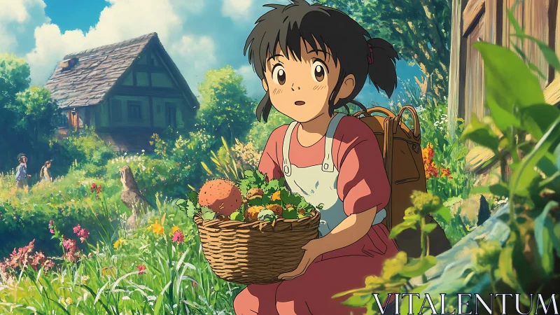 Country path daydream with basket-toting village girl. Period.