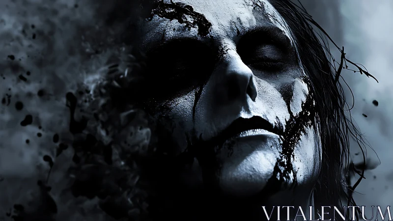 Haunting monochrome visage dissolving into inky darkness.