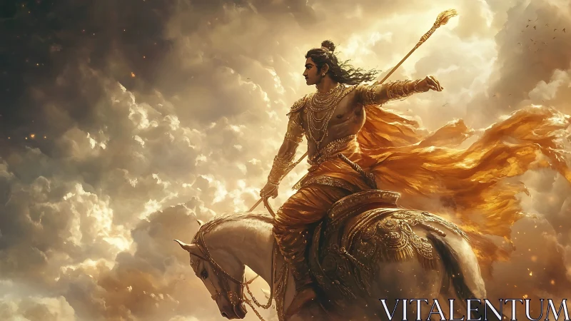 Heroic mounted warrior in dynamic golden lighting and dense clouds