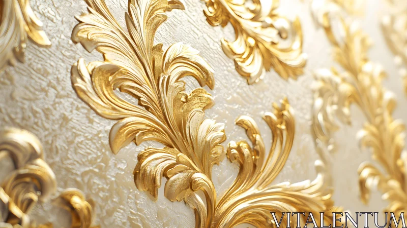 Luxurious golden baroque floral pattern on textured wallpaper.