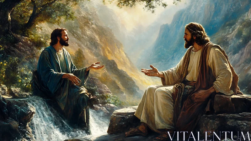 Disciples converse beside sunlit mountain waterfall stream.