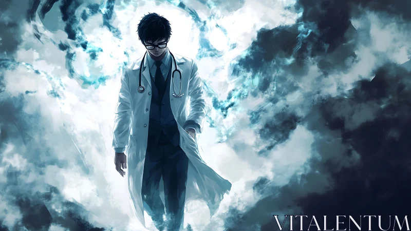 Storm-lit anime doctor walks through swirling celestial clouds