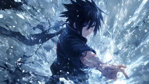 Dynamic anime warrior in explosive ice energy composition.