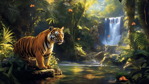 Majestic tiger pauses beside a sunlit jungle waterfall.