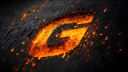 Fiery Carved Letter C in Charred Wood, Digital Art Style.