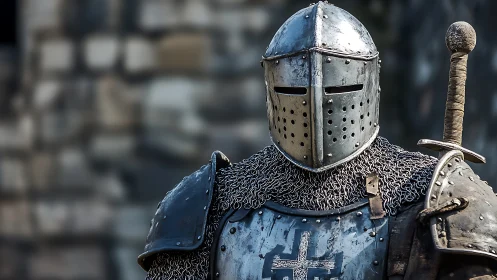 Armored medieval knight with perforated helm in sharp focus.