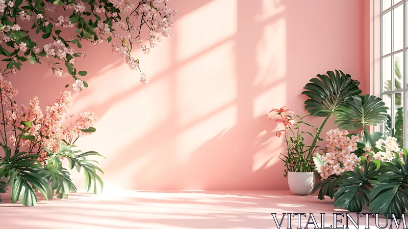 Pink interior corner filled with lush indoor plants.