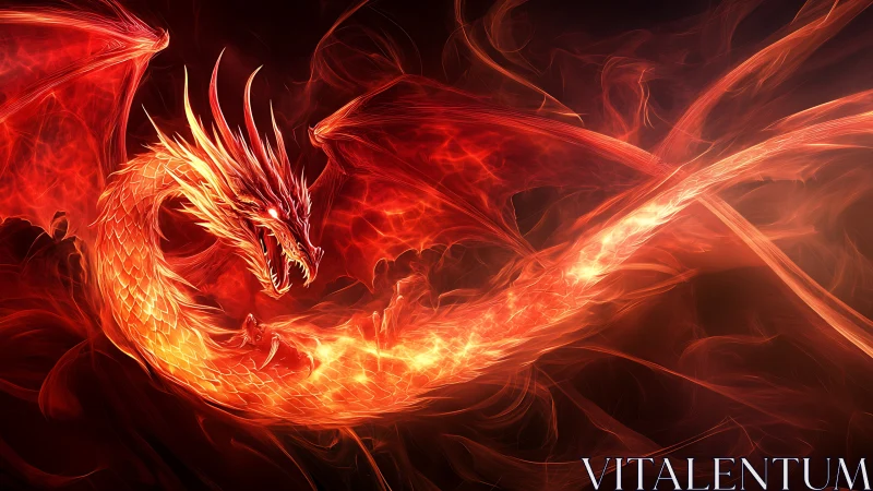 Blazing comet-dragon corkscrews through molten twilight air