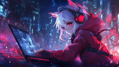Cat eared gamer at laptop in neon cyberpunk streetscape.
