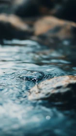 Close focus on stream surface tension and nearby rocks.