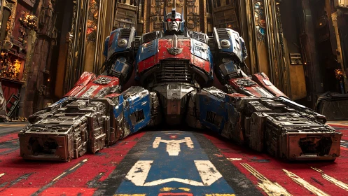 Colossal battle-worn mech resting in ornate steel hall.