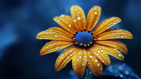 Macro study of dewy orange daisy under cool blue lighting