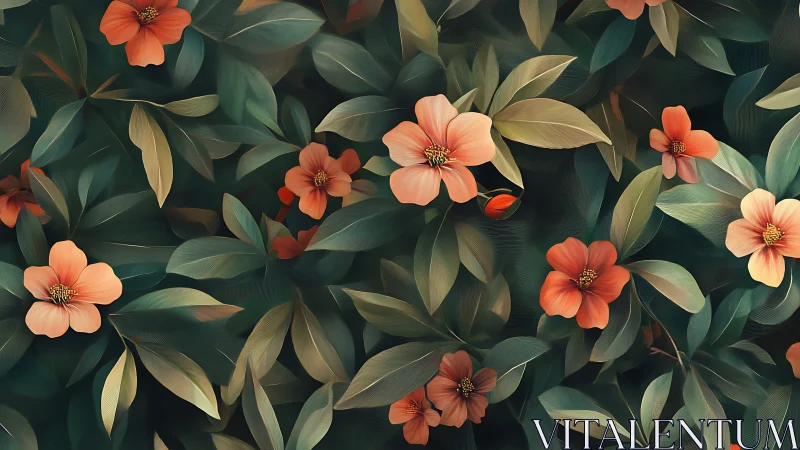 Coral and Peach Flowers Bloom Through Lush Green Foliage