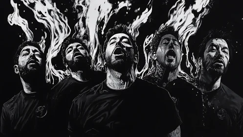 Monochrome male portraits erupt with stylized flaming auras