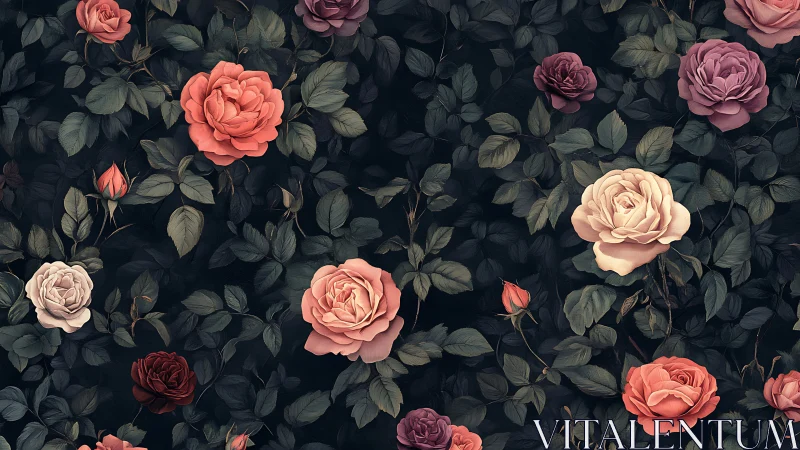 Botanical arrangement with roses in varied chromatic tones on dark foliage.