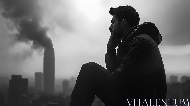 Silhouetted man overlooking smoking tower in moody skyline.
