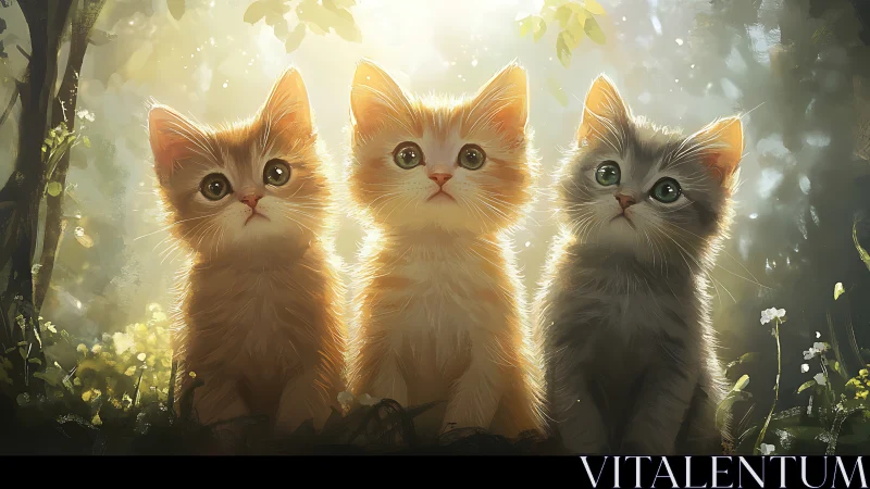 Three kittens sit together in soft backlighting with golden hues.
