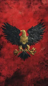 Heraldic black eagle emblem on distressed crimson field.