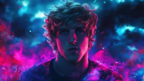 Moody neon portrait bathed in glowing pink and blue light.