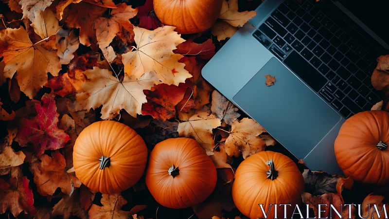 Laptop and small pumpkins on dry autumn leaves outdoors.