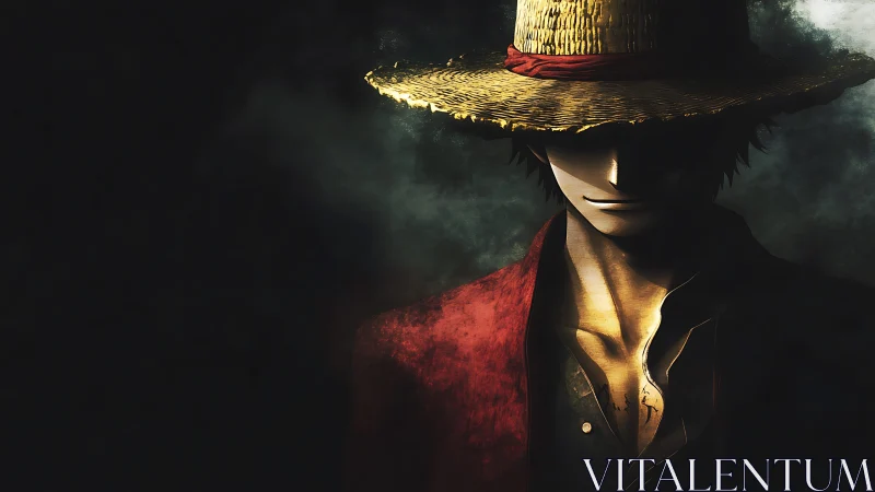 Straw hat anime figure in dramatic shadowed portrait.