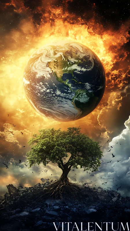 Planetary firestorm encircles Earth above rooted lone tree.