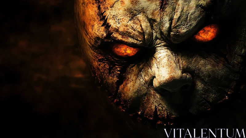 Infernal stone visage with burning eyes in creeping shadow.