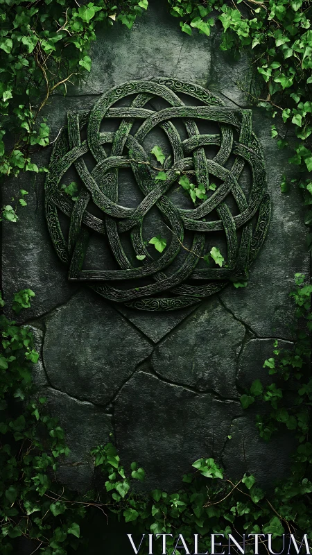 Weathered Celtic knot relief on ivy covered stone wall