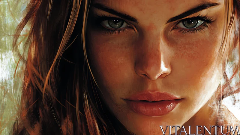 Intense female portrait with freckled skin and amber light.