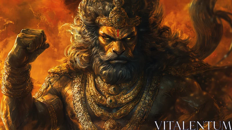 Lion‑visaged war god blazes in molten storm of divinity.