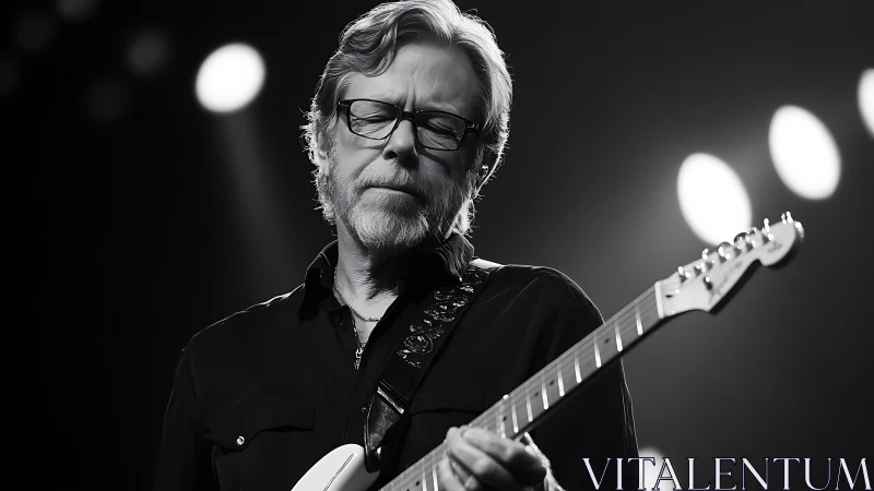 Monochrome stage portrait of guitarist under soft backlighting