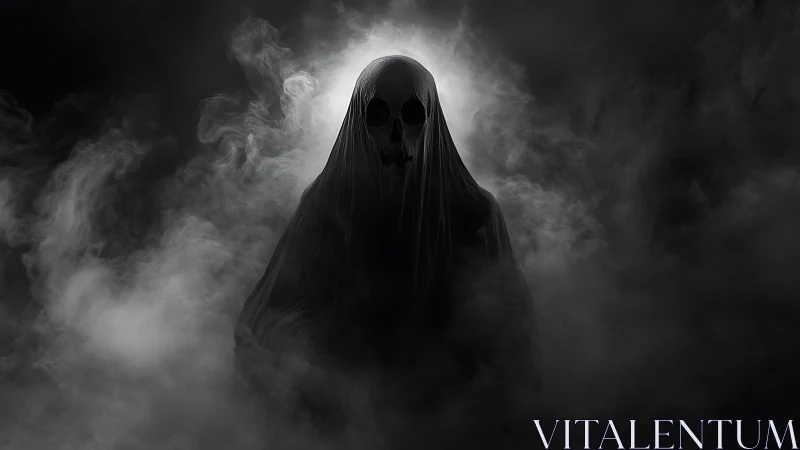Volumetric specter silhouette in high-contrast monochrome fog.