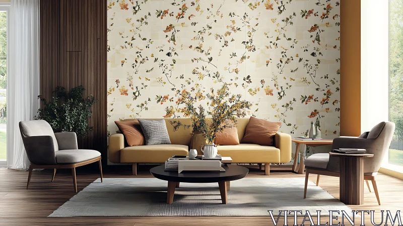 Modern living room with yellow sofa and floral accent wall.