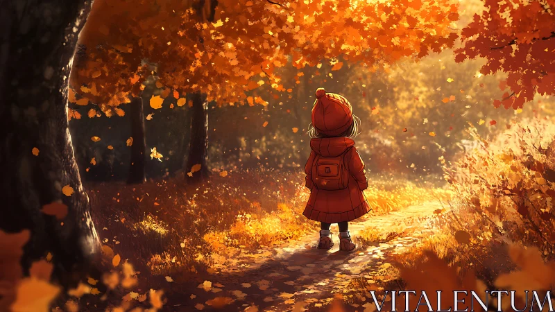 Backlit child in autumn forest under volumetric foliage glow.