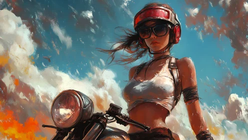 Motorcycle rider under vivid sky in dynamic digital art.