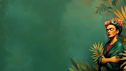 Woman with floral crown stands against green foliage field