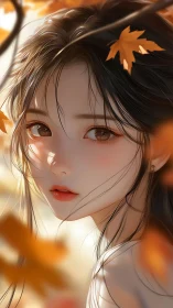 Gentle autumn gaze of a girl framed by golden leaves.