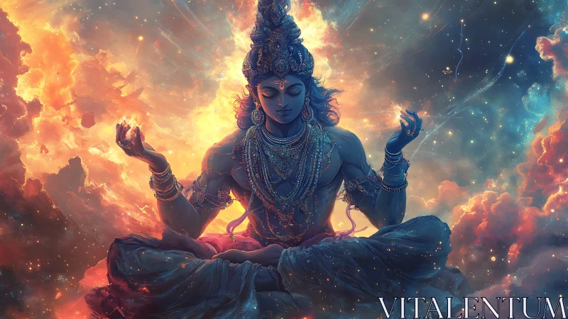 Celestial deity in radiant cosmic meditation tableau.