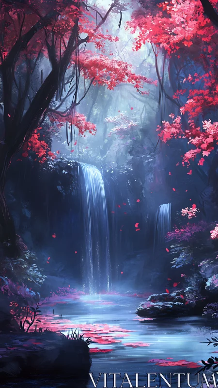 Enchanted crimson forest waterfall with luminous blue pool.