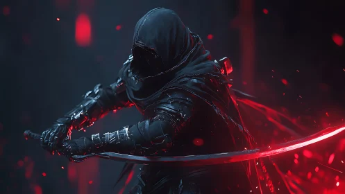Hooded cyber assassin wields glowing red katana strike