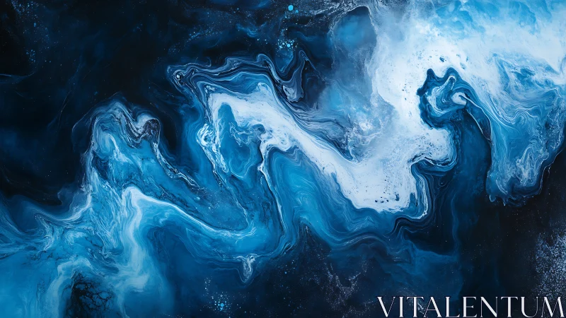 Blue and white fluid abstract swirl on dark background.
