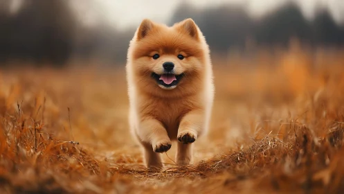 Small fluffy dog runs through dry grass in shallow focus