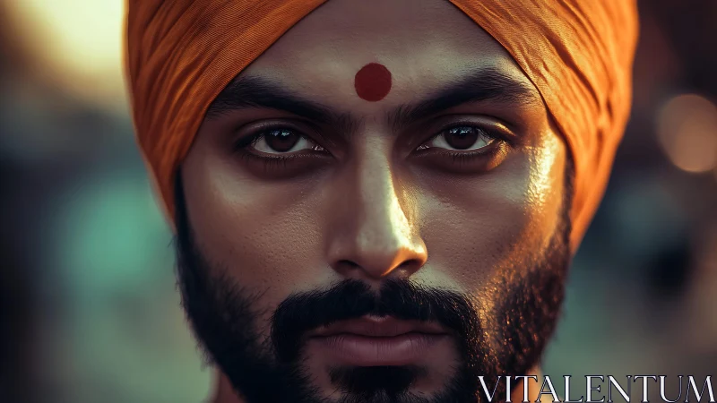 Portrait of turbaned man with forehead mark in soft light.
