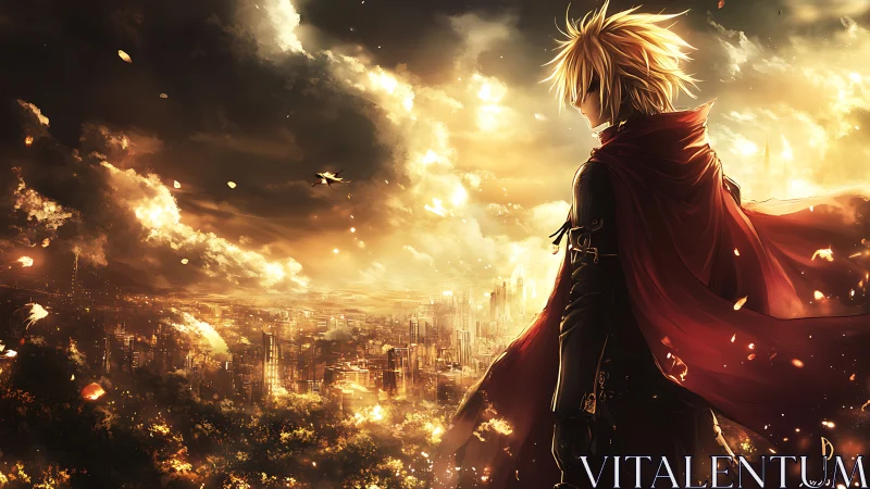 Blond cloaked figure overlooking glowing ruined cityscape.