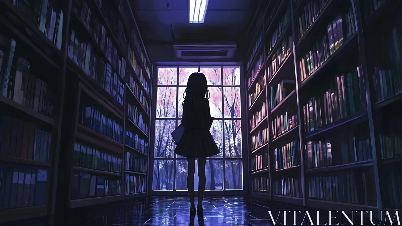 Midnight-library girl pausing beneath the cherryglass window.